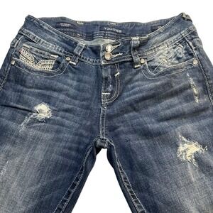 Vigoss Chelsea Slim Boot Distressed Jeans Medium Wash Rhinestone 7/8 Length 33